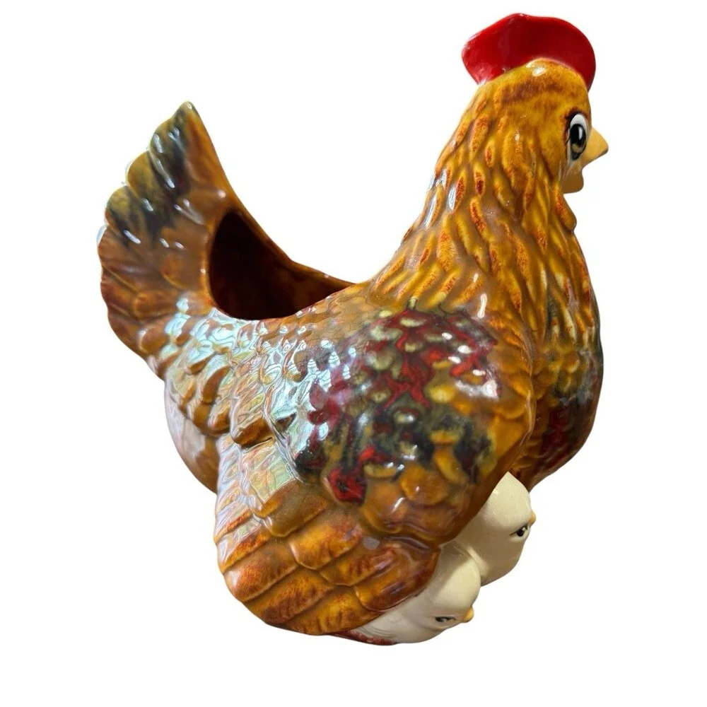 Vintage Arnels Hen Sitting on Chicks Chicken Centerpiece Planter Dish Brown Red
